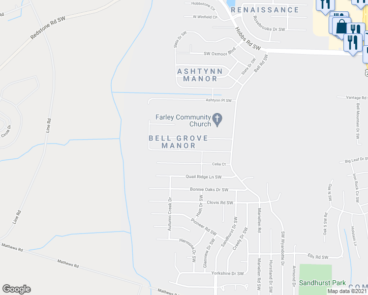 map of restaurants, bars, coffee shops, grocery stores, and more near 2438 Belltown Drive Southwest in Huntsville