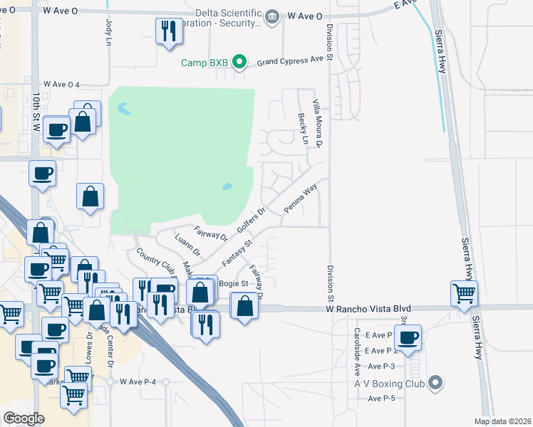 map of restaurants, bars, coffee shops, grocery stores, and more near 39884 Golfers Drive in Palmdale