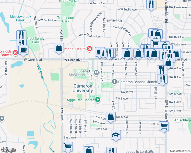 map of restaurants, bars, coffee shops, grocery stores, and more near Black & Gold Boulevard in Lawton