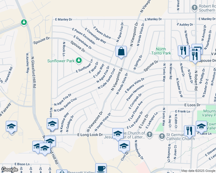 map of restaurants, bars, coffee shops, grocery stores, and more near 7500 East Cruz Circle in Prescott Valley