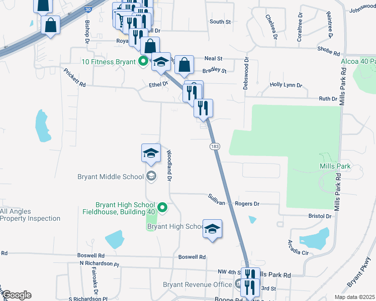 map of restaurants, bars, coffee shops, grocery stores, and more near 219 Brown Lane in Bryant