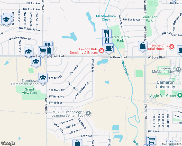 map of restaurants, bars, coffee shops, grocery stores, and more near 4502 Southwest Beta Avenue in Lawton