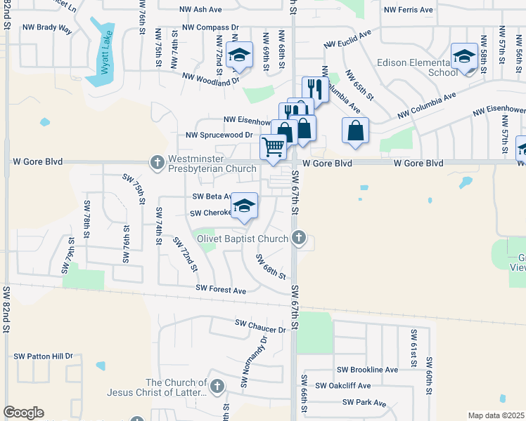 map of restaurants, bars, coffee shops, grocery stores, and more near 108 SW 69th St in Lawton