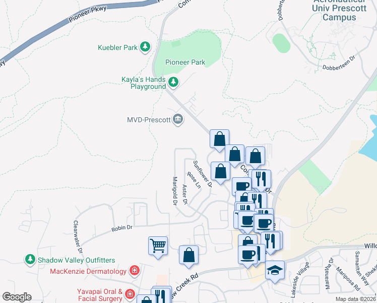 map of restaurants, bars, coffee shops, grocery stores, and more near 3400 Sunflower Drive in Prescott
