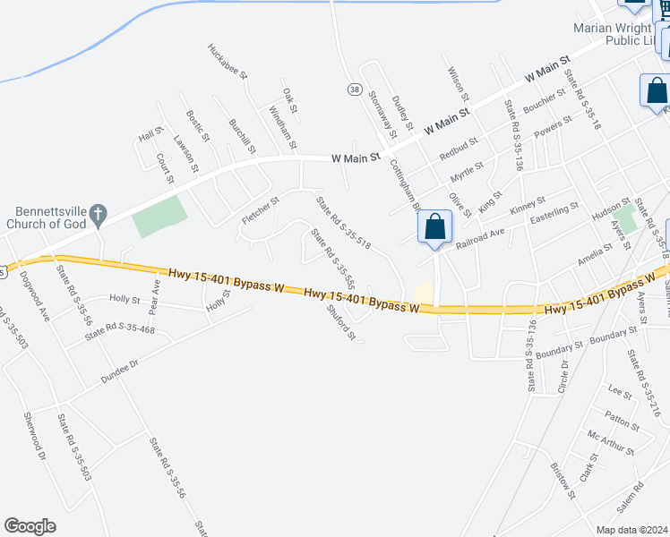 map of restaurants, bars, coffee shops, grocery stores, and more near 107 State Road S-35-555 in Bennettsville