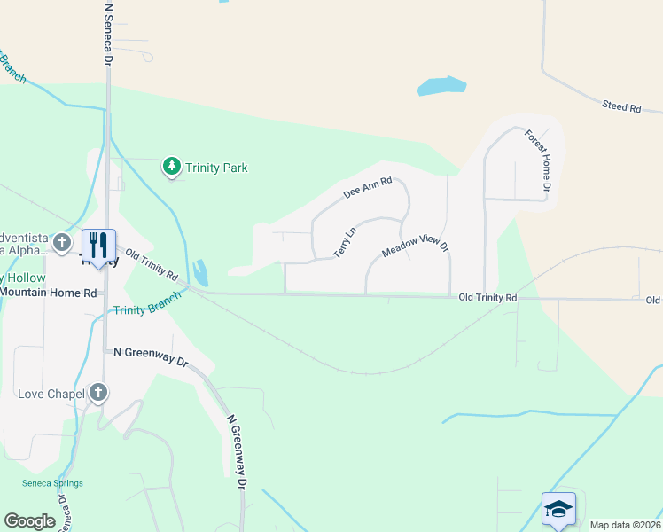 map of restaurants, bars, coffee shops, grocery stores, and more near 405 Terry Lane in Trinity