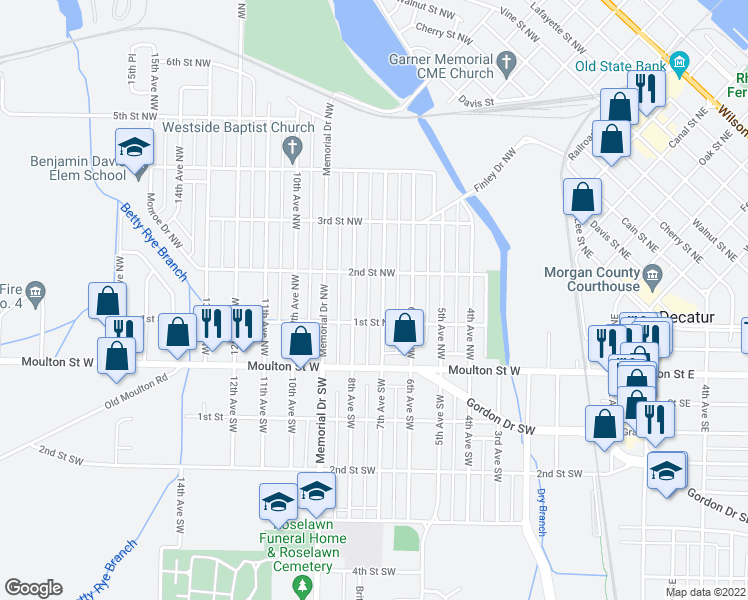 map of restaurants, bars, coffee shops, grocery stores, and more near 211 7th Avenue Northwest in Decatur