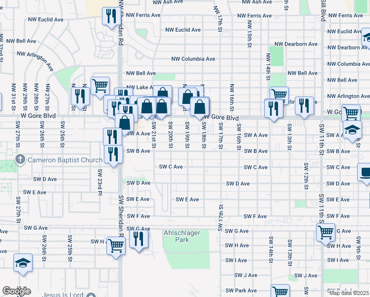 map of restaurants, bars, coffee shops, grocery stores, and more near 1901 Southwest B Avenue in Lawton