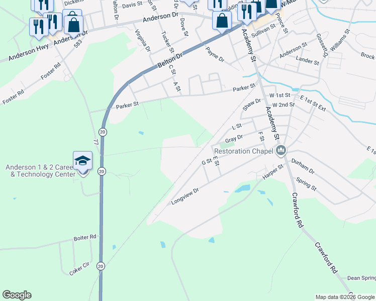 map of restaurants, bars, coffee shops, grocery stores, and more near 207 Gray Drive in Williamston