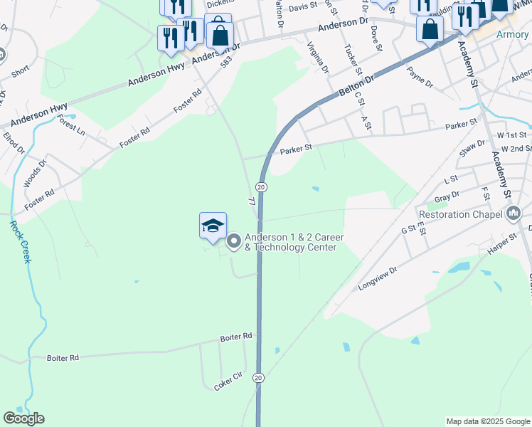 map of restaurants, bars, coffee shops, grocery stores, and more near 615 Belton Highway in Williamston