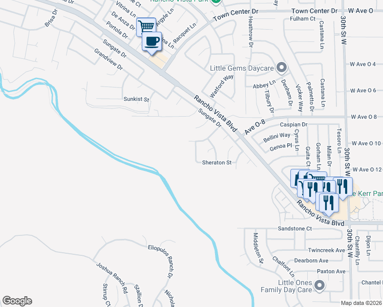 map of restaurants, bars, coffee shops, grocery stores, and more near 39919 Pampas Street in Palmdale