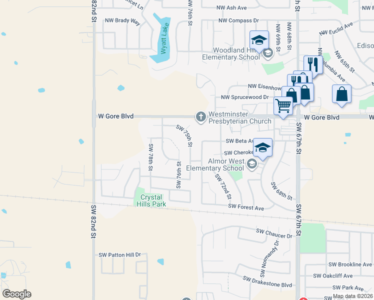 map of restaurants, bars, coffee shops, grocery stores, and more near 121 Southwest 75th Street in Lawton