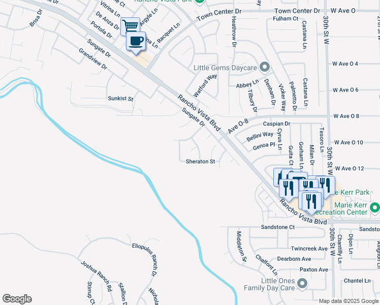 map of restaurants, bars, coffee shops, grocery stores, and more near 39921 Capland Drive in Palmdale
