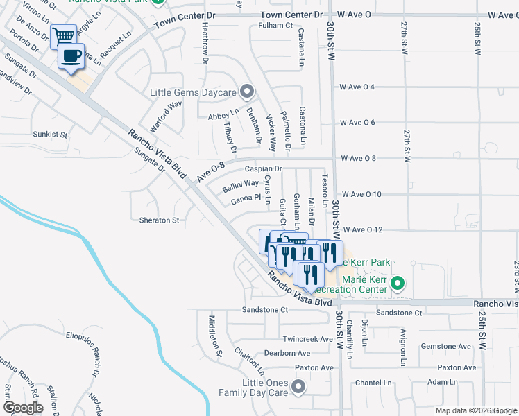 map of restaurants, bars, coffee shops, grocery stores, and more near 3229 Montellano Avenue in Palmdale
