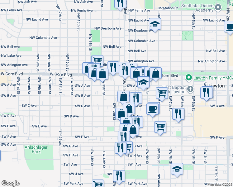 map of restaurants, bars, coffee shops, grocery stores, and more near 1115 Southwest B Avenue in Lawton