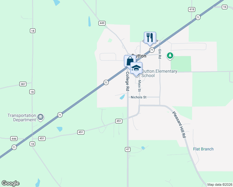 map of restaurants, bars, coffee shops, grocery stores, and more near 215 College Road in Dutton