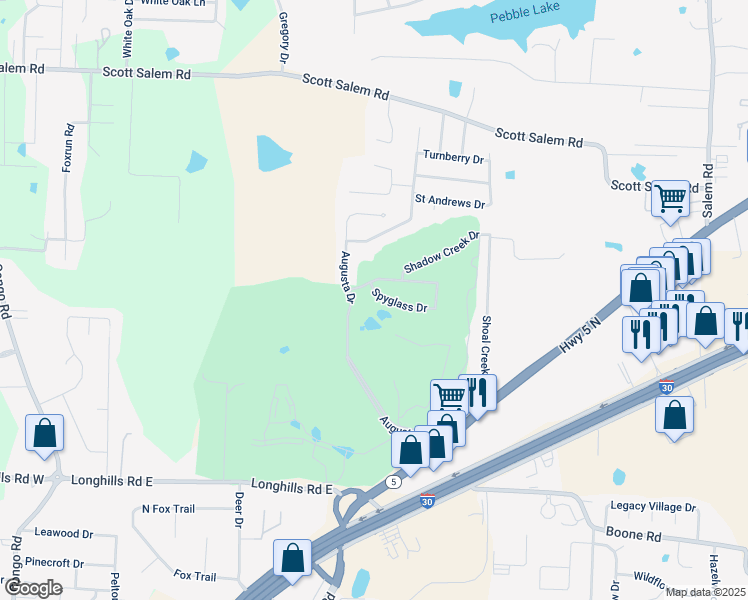map of restaurants, bars, coffee shops, grocery stores, and more near 2715 Spyglass Drive in Benton