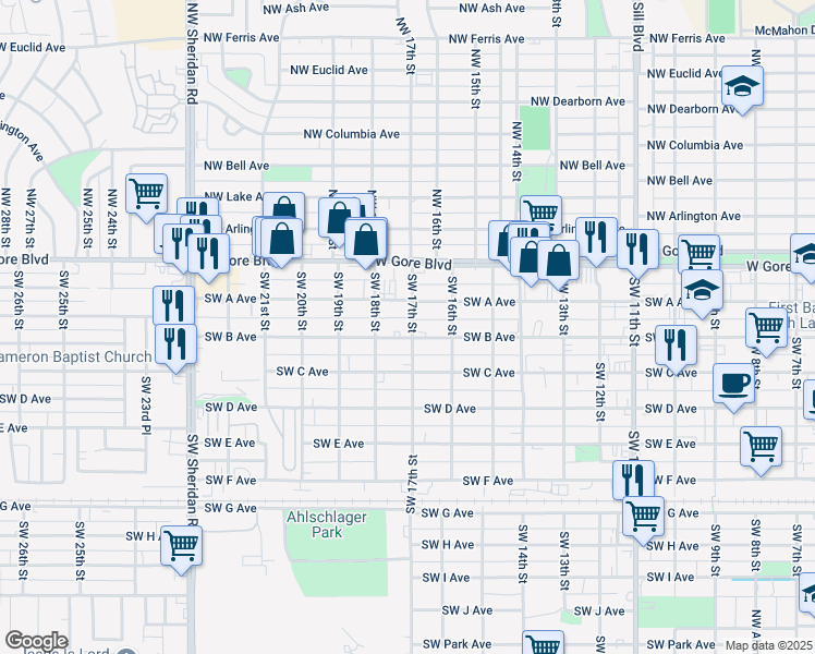 map of restaurants, bars, coffee shops, grocery stores, and more near 1705 Southwest B Avenue in Lawton