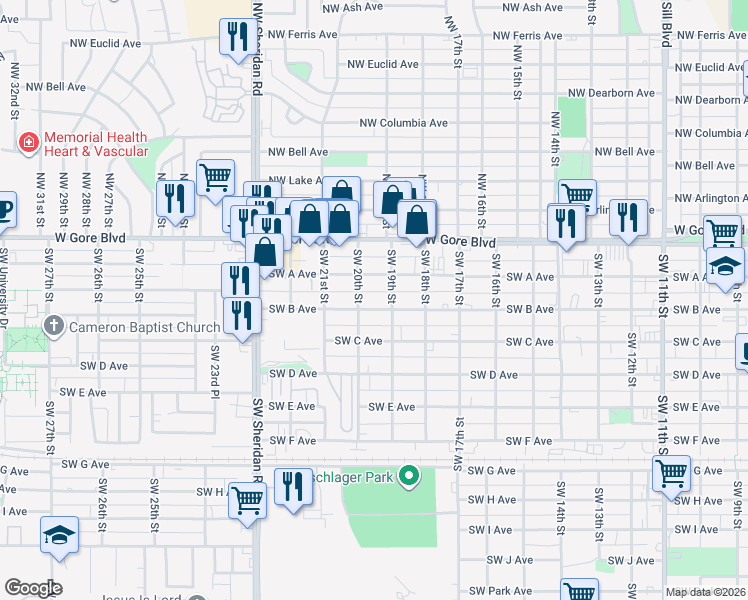 map of restaurants, bars, coffee shops, grocery stores, and more near 1901 Southwest B Avenue in Lawton