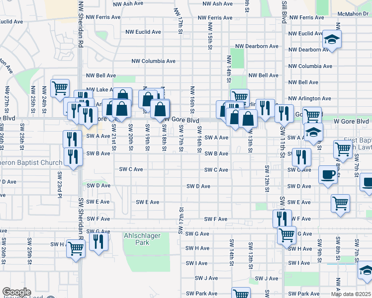 map of restaurants, bars, coffee shops, grocery stores, and more near 1705 Southwest B Avenue in Lawton