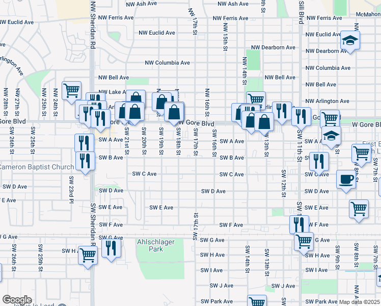 map of restaurants, bars, coffee shops, grocery stores, and more near 1705 Southwest B Avenue in Lawton