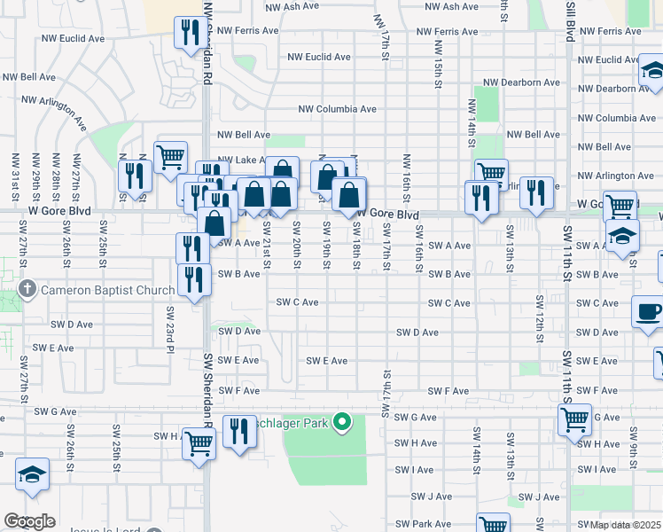 map of restaurants, bars, coffee shops, grocery stores, and more near 1901 Southwest B Avenue in Lawton