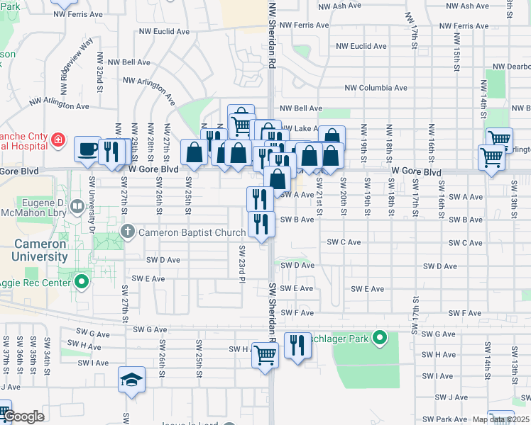 map of restaurants, bars, coffee shops, grocery stores, and more near 201 Southwest Sheridan Road in Lawton