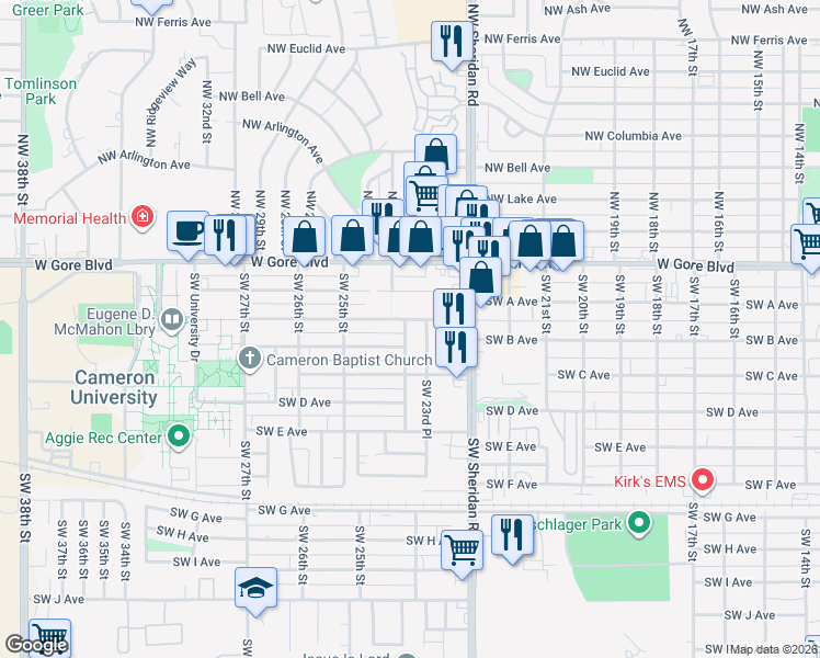 map of restaurants, bars, coffee shops, grocery stores, and more near 208 Southwest 23rd Place in Lawton