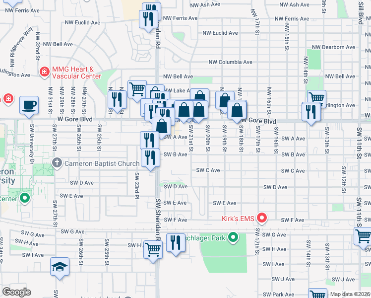 map of restaurants, bars, coffee shops, grocery stores, and more near 2105 Southwest B Avenue in Lawton