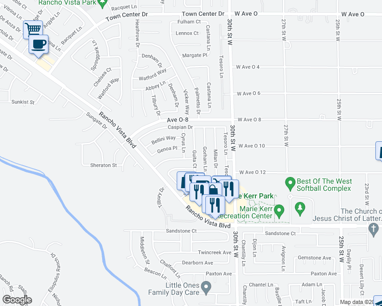 map of restaurants, bars, coffee shops, grocery stores, and more near 39843 Guita Court in Palmdale