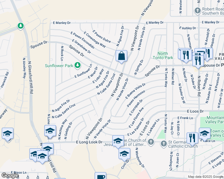 map of restaurants, bars, coffee shops, grocery stores, and more near 7500 East Cruz Circle in Prescott Valley