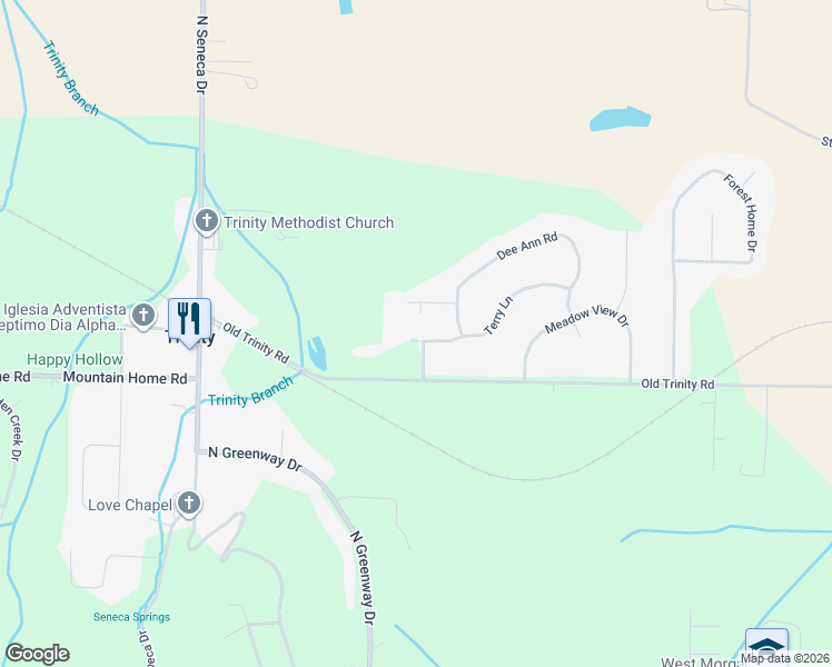 map of restaurants, bars, coffee shops, grocery stores, and more near 197 Terry Lane in Trinity