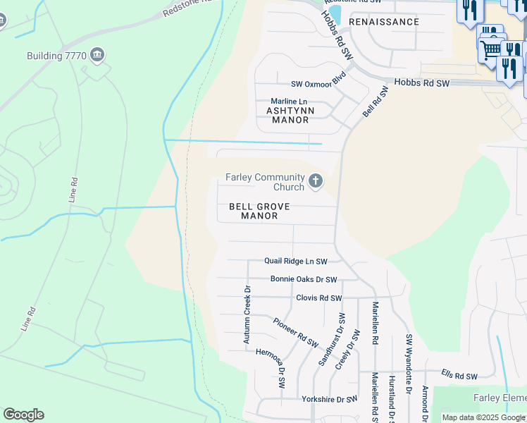 map of restaurants, bars, coffee shops, grocery stores, and more near 2438 Belltown Drive Southwest in Huntsville