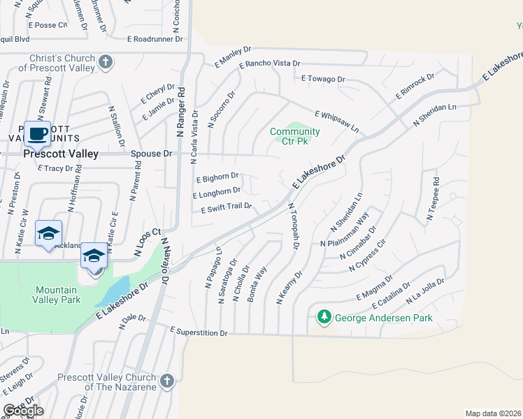 map of restaurants, bars, coffee shops, grocery stores, and more near 9265 East Swift Trail Drive in Prescott Valley