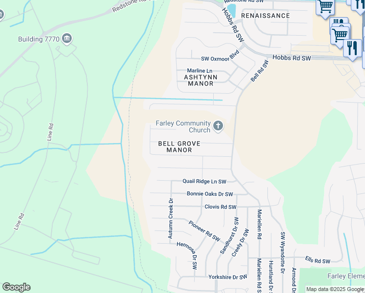 map of restaurants, bars, coffee shops, grocery stores, and more near 2438 Belltown Drive Southwest in Huntsville