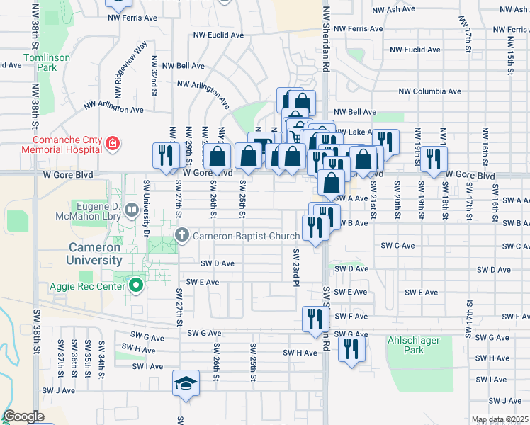 map of restaurants, bars, coffee shops, grocery stores, and more near 2407 Southwest B Avenue in Lawton