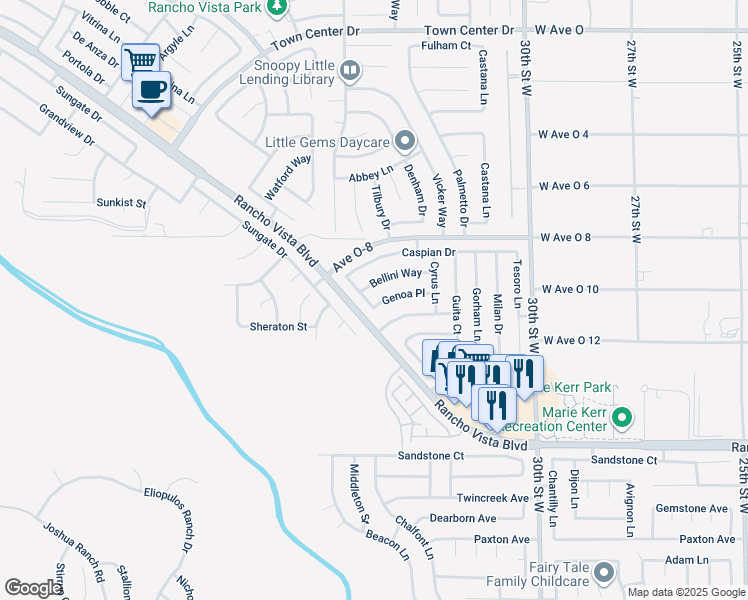 map of restaurants, bars, coffee shops, grocery stores, and more near 3415 Genoa Place in Palmdale