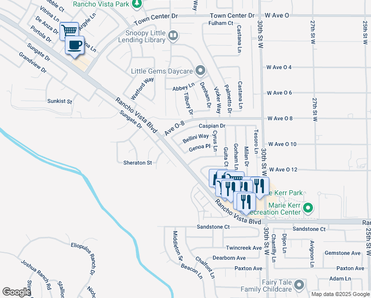 map of restaurants, bars, coffee shops, grocery stores, and more near 3415 Genoa Place in Palmdale