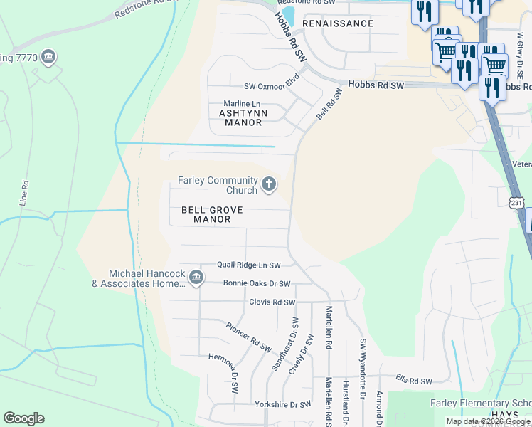 map of restaurants, bars, coffee shops, grocery stores, and more near 2406 Belltown Drive Southwest in Huntsville