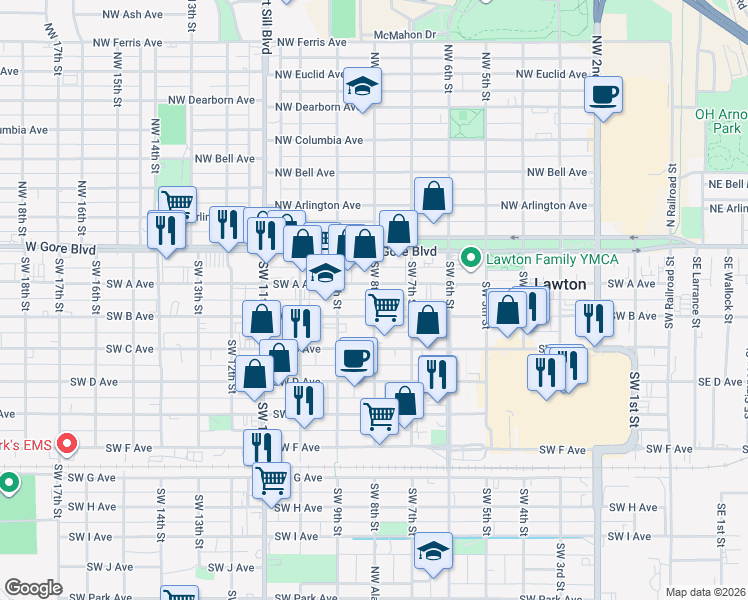 map of restaurants, bars, coffee shops, grocery stores, and more near 148 Southwest 8th Street in Lawton