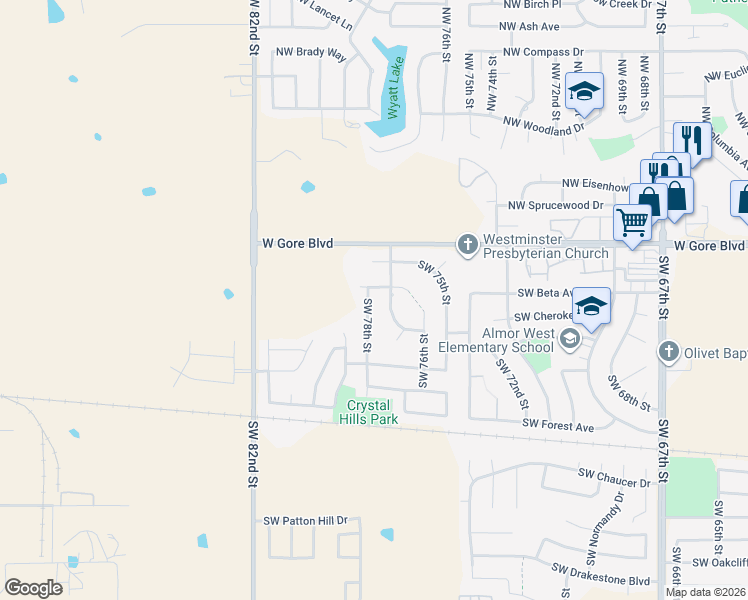 map of restaurants, bars, coffee shops, grocery stores, and more near 204 Southwest 78th Street in Lawton