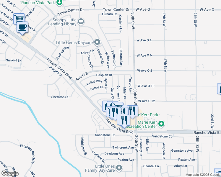 map of restaurants, bars, coffee shops, grocery stores, and more near 39849 Guita Court in Palmdale