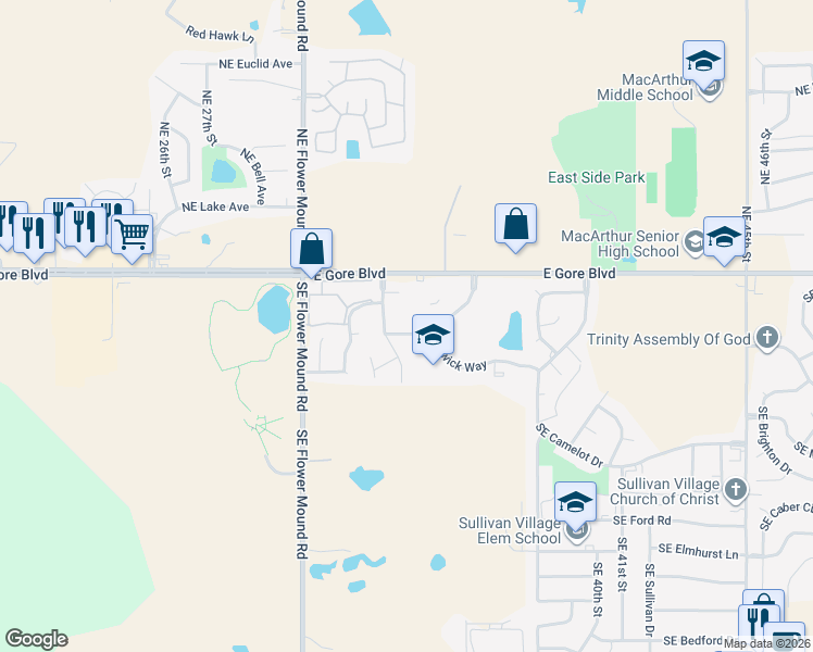 map of restaurants, bars, coffee shops, grocery stores, and more near 215 Southeast Warwick Way in Lawton