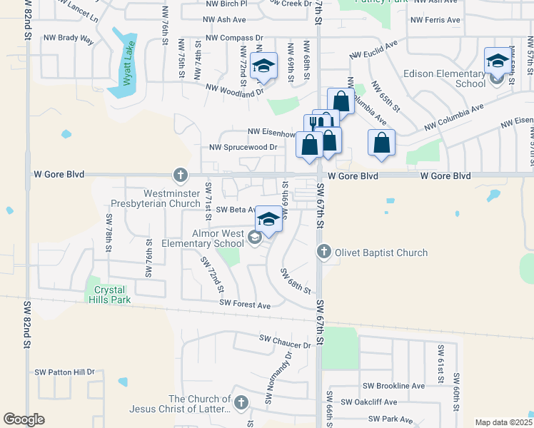 map of restaurants, bars, coffee shops, grocery stores, and more near 6908 Southwest Beta Avenue in Lawton