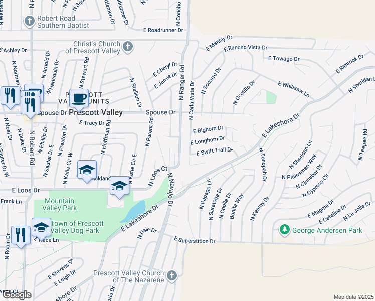 map of restaurants, bars, coffee shops, grocery stores, and more near 4391 North Ranger Road in Prescott Valley