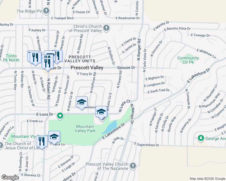 map of restaurants, bars, coffee shops, grocery stores, and more near 4401 North Parent Road in Prescott Valley