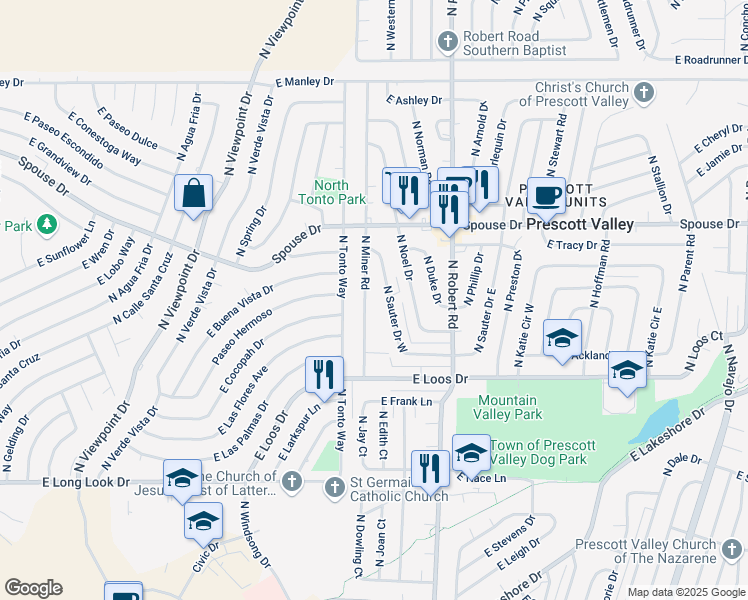 map of restaurants, bars, coffee shops, grocery stores, and more near 4400 North Miner Road in Prescott Valley