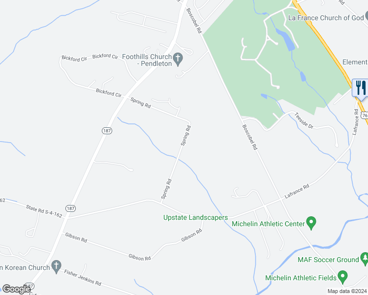 map of restaurants, bars, coffee shops, grocery stores, and more near 239 Spring Road in Anderson