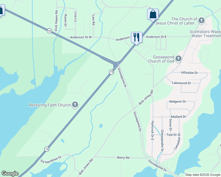map of restaurants, bars, coffee shops, grocery stores, and more near 6326 Alabama 79 in Scottsboro