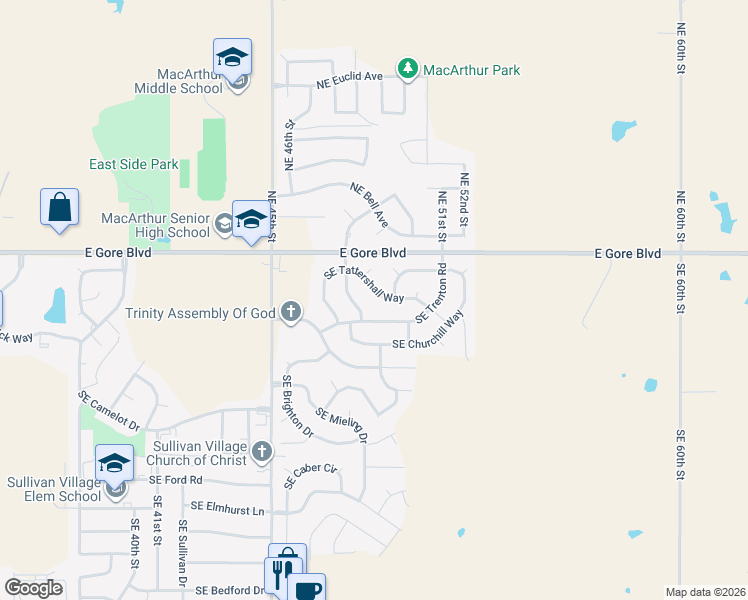 map of restaurants, bars, coffee shops, grocery stores, and more near 117 Southeast Sungate Boulevard in Lawton